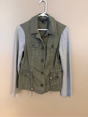 INC International Concepts Olive Utility Jacket with Gray Knit Sleeves